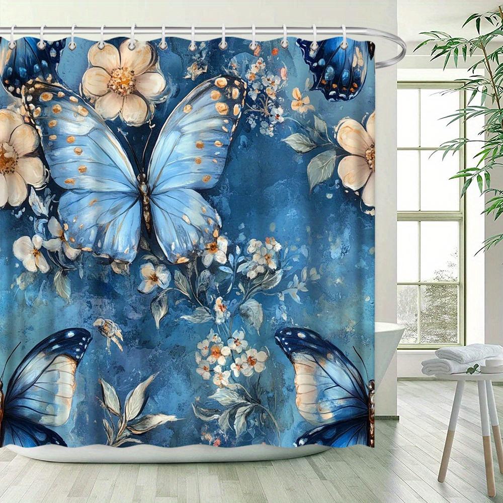 1 Stück Duschvorhang - Lebhaftes Blau mit Schmetterlingen & Pastellfarbenes Blumendesign mit zartrosa Akzenten, Verspieltes, von der Natur inspiriertes Badezimmer