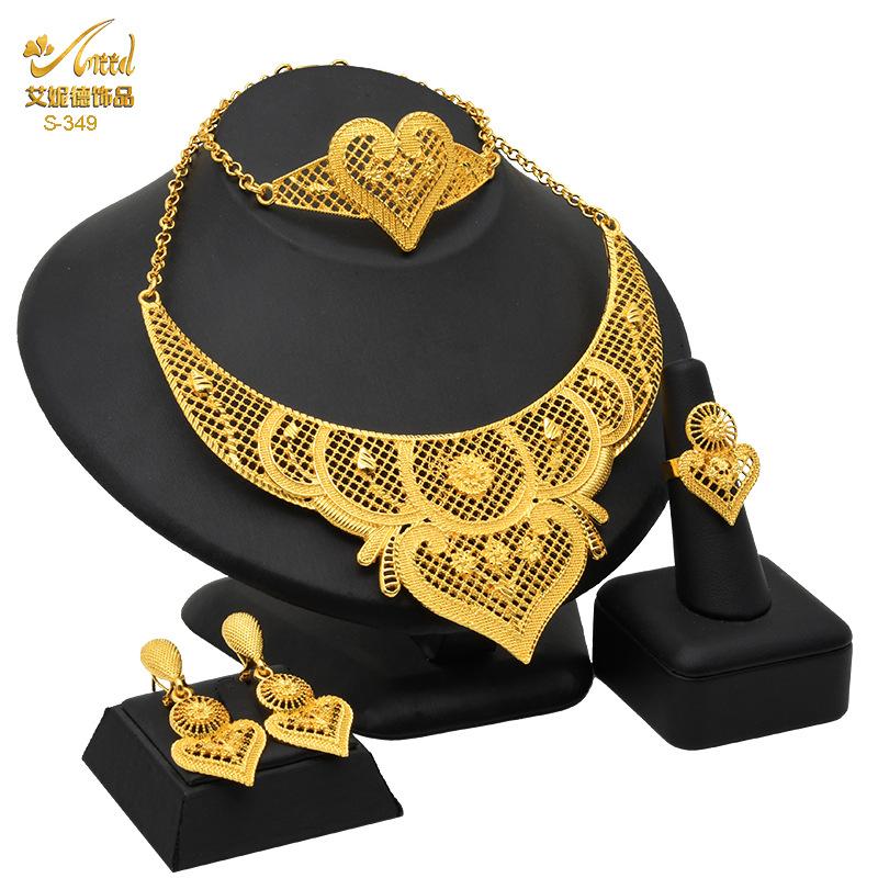 24K Gold Plated Arab Women's Bridal Necklace Earrings Ring Bracelet Indian Women's Jewelry Set