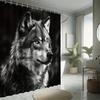 1/4 Set, Wolf King Gaze Shower Curtain Set, Ready To Use, Black And White Color Scheme, Polyester Fabric, With Non-Slip Bath Mat
