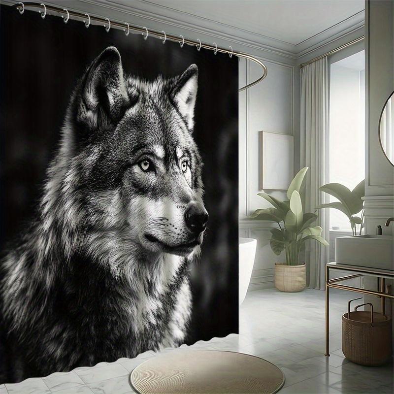 1/4 Set, Wolf King Gaze Shower Curtain Set, Ready To Use, Black And White Color Scheme, Polyester Fabric, With Non-Slip Bath Mat