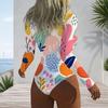 Women Plus Size Long Sleeve High Neck Half Zip Floral Print One Piece Swimsuit