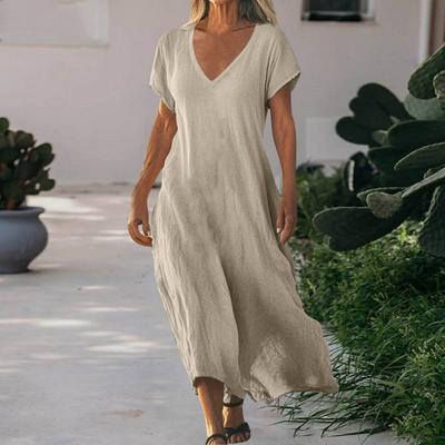 Women's Cotton Linen Maxi Dress Casual Short Sleeve V-Neck Long Dress Summer Beach Vacation Swing Sundress