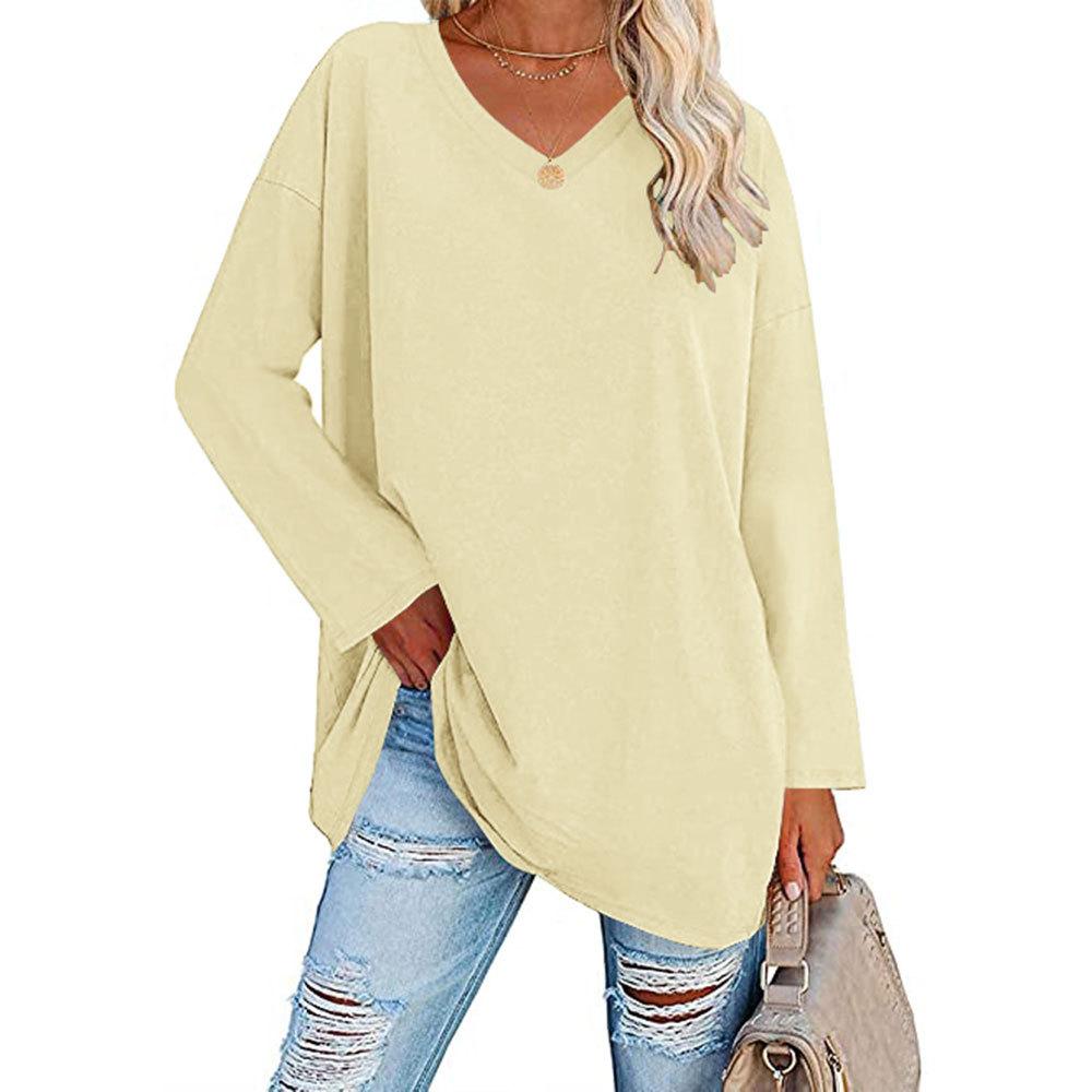 Mehrfarbige übergroße lockere V-Ausschnitt einfarbige Damen-T-Shirts