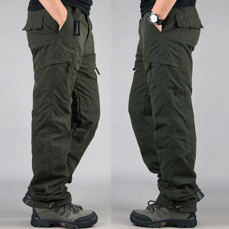 Heren katoenen winter dikke fleece casual broek tactische baggy cargo broek dubbele laag warme thermische rechte lange broek