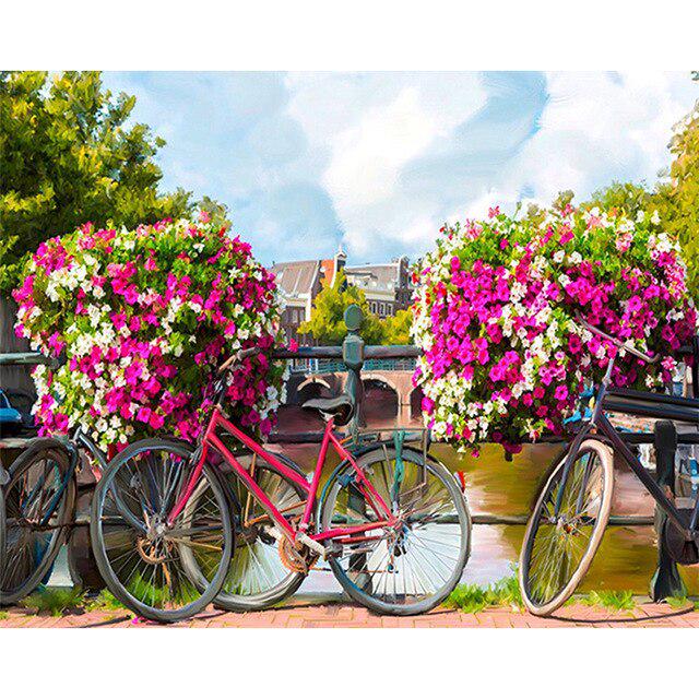 Landscape DIY 5D Diamond Painting Cross Stitch Kit Mosaic Beautiful Pink Flower Bicycle Diamond Embroidery Home Decoration Gift