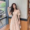 French Bubble Sleeves Floral Chiffon Platycodon Tea Break Dress Women's Summer Waist Thin Belly Sweet Long Dress