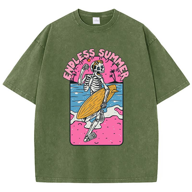Fashion Women Cotton Washed T-Shirt Endless Summer Skull Surfing Printing Short Sleeve Casual Loose Tee Shirt Vintage Clothes
