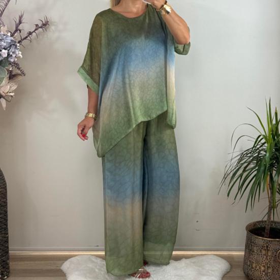 Summer Plus Size 2 Piece Sets for Women Crew Neck Short Sleeve Top Wide Leg Pants Set Casual Loose Lounge Outfits