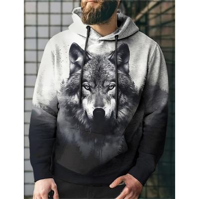 Wolf Graphic Men's 3D Print Pullover Streetwear Hoodies Dark Green Long Sleeve Hooded Spring & Fall Designer