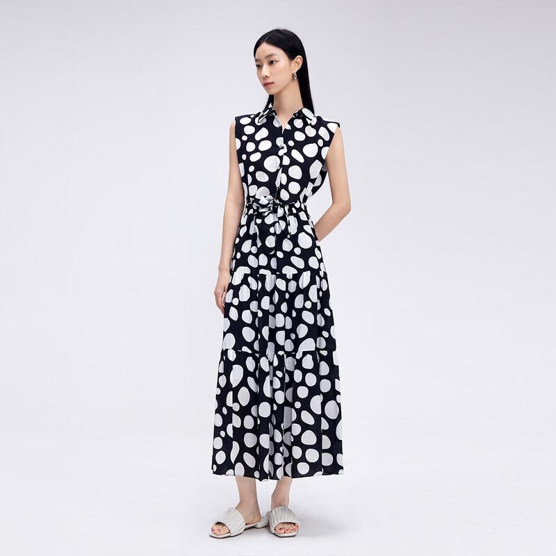 Women's Lapel Polka Dot Sleeveless Long Dress