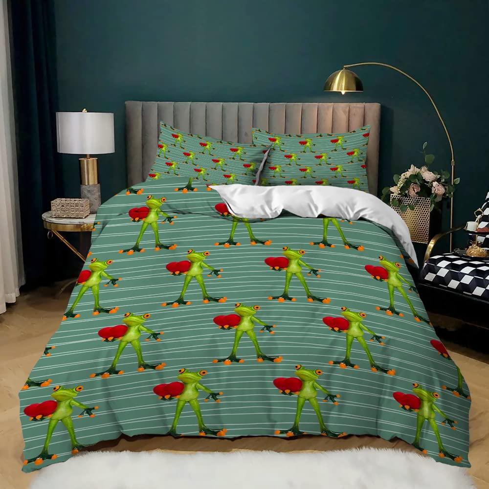 Frosch Bettbezug-Set, Cartoon Frosch Bettwäscheset Doppelgröße King-Size, Niedliches Frosch Bettdeckenbezug-Set Steppdeckenbezug für Teenager Jungen Mädchen