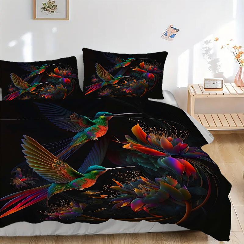 3-teiliges Buntes Kolibri im Flug Aufgedrucktes Bettwäscheset, Weiche und Bequeme Bettbezug für Schlafzimmer, Gästezimmer (1 Bettbezug + 2 Kissenbezüge