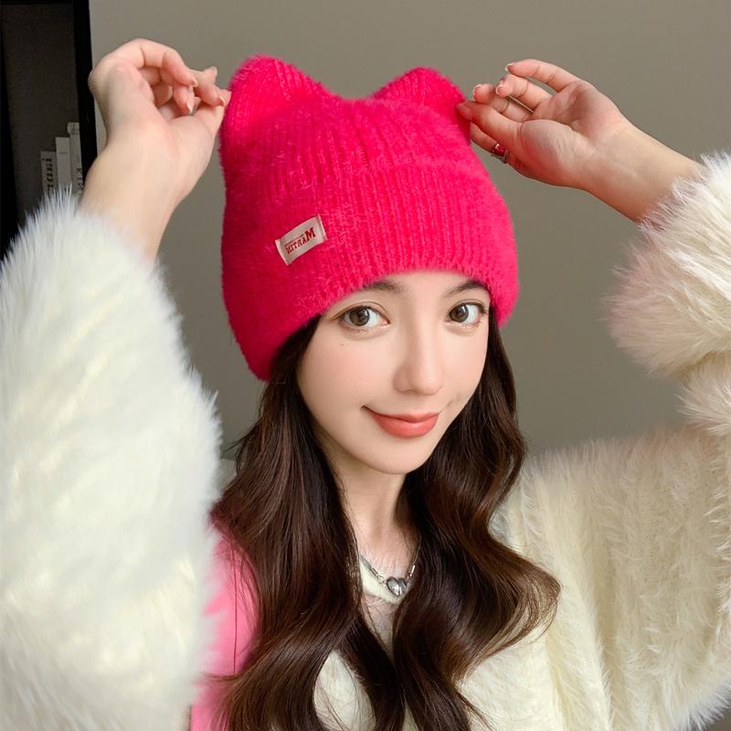 New Women Cute Cat Ear Winter Hat Fashion Faux Fur Knitted Hat Kpop Style Soft Beanie Hats Female Candy Colors Streetwear Cap