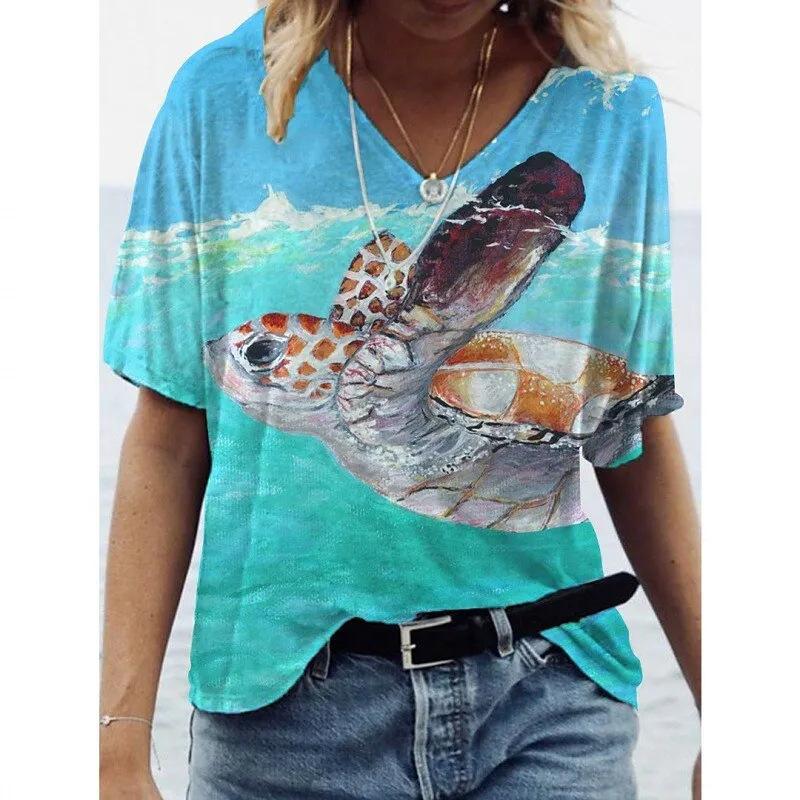 T-shirt col en V pour femme Dauphin imprimé en 3D T-shirt tendance imprimé à manches courtes