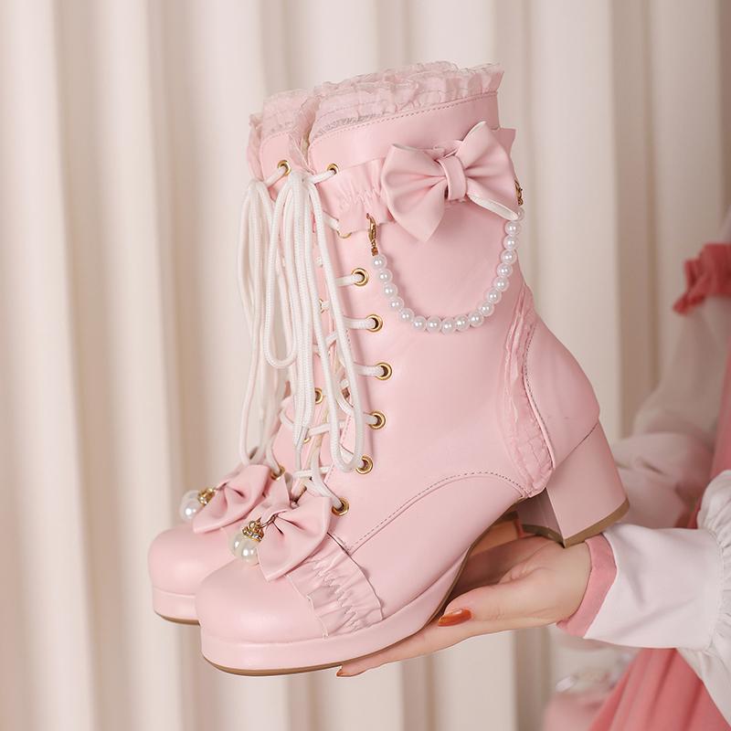 Módní Sladká Mašle Dámské Pohodlné Čtvercové Platformy Kotníkové Boty Elegantní Volánky Šňůrkové Korálky Dívky Princezna Cosplay Růžové Lolita Boty