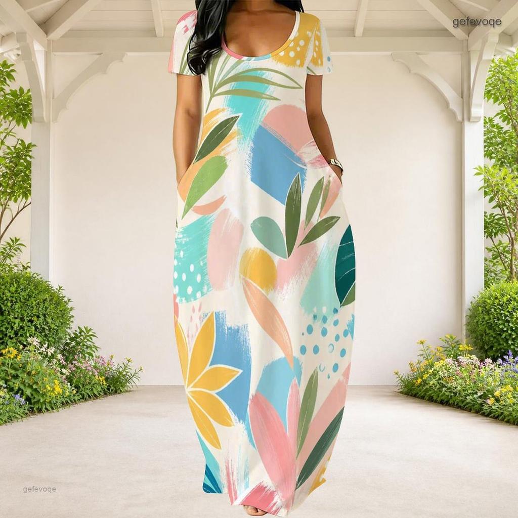 Women Plus Size Round Neck Short Sleeve Abstract Printed Loose Maxi Dress With Side Pockets