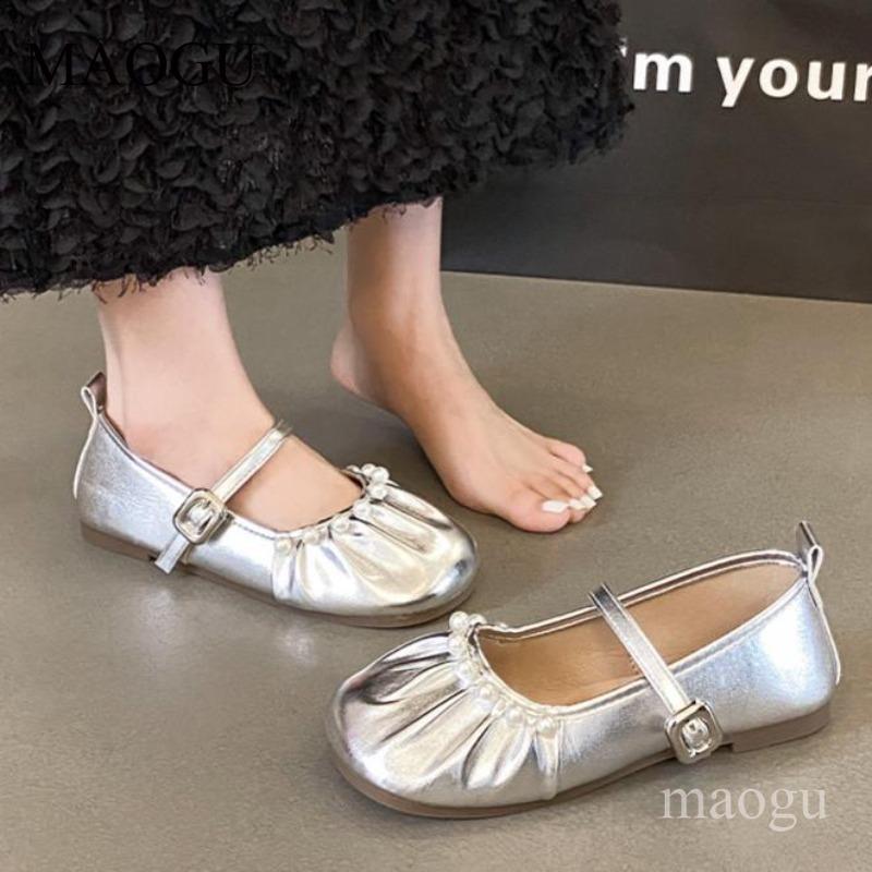 Women's Pearl Decor Mary Janes Round Toe Strap Ballet Flat Shoes Soft Sole Comfortable Casual Shoes for Woman Zapatos Para Mujer