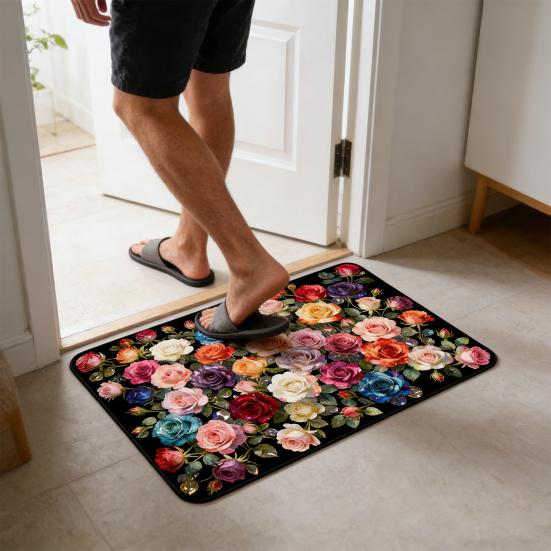 Roses Bathroom Rug Super Absorbent Diatomaceous Earth Bath Mat Non-Slip Door Mat Floral Floor Mat for Kitchen Entrance Shower Bathtub