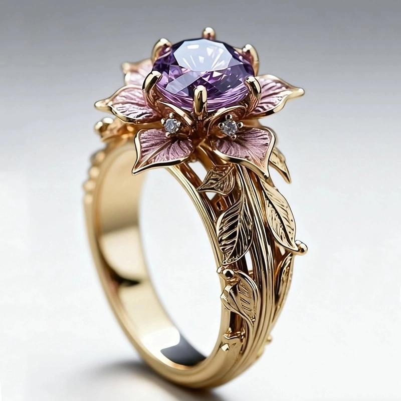 1PC Exquisite Geometric Flower Shape Inlay Purple Zircon Rings For Women Party Birthday Gift Accessories Fashion Jewelry