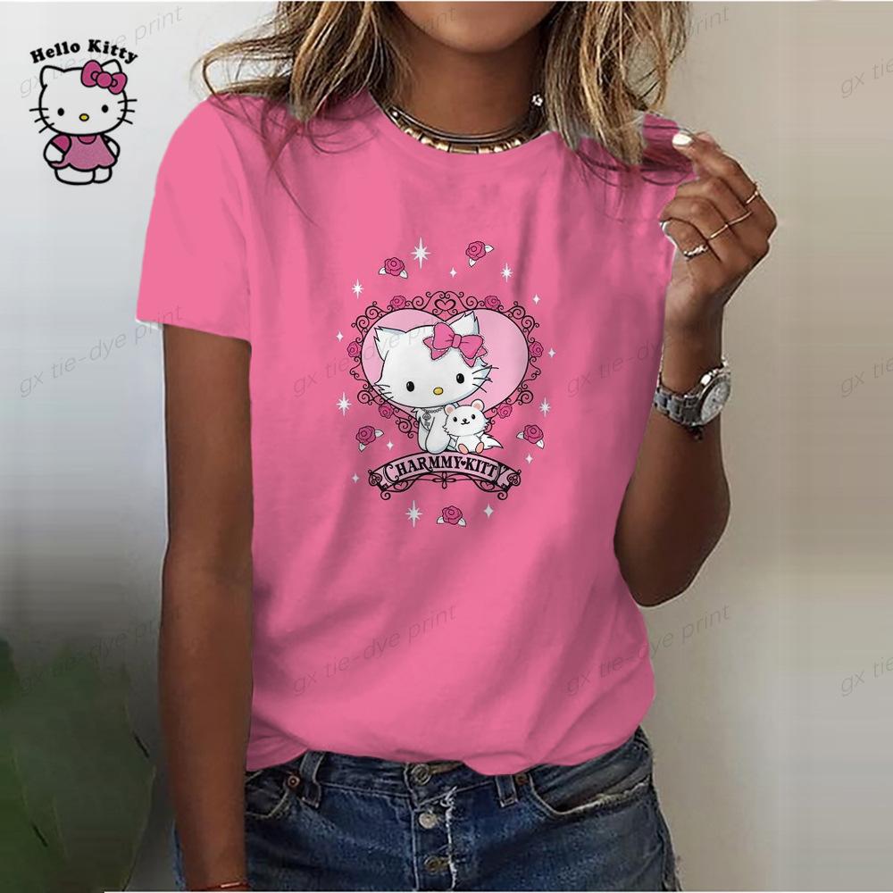 Camiseta de Manga Corta Nueva para Mujer Verano Estampado de Gato KT Anime Camiseta con Estampado Digital 3D Camisa Casual de Manga Corta EMA
