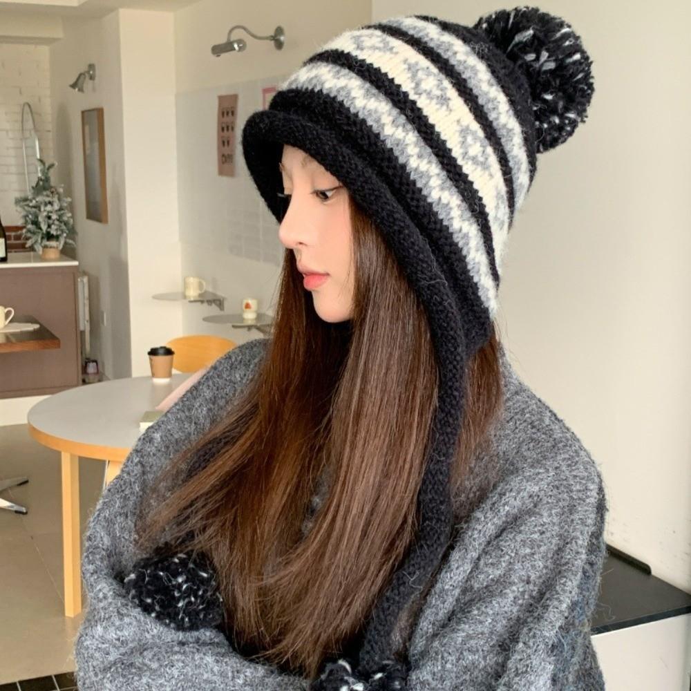 with Pom Pom Knit Earflap Hat Cold Proof Outdoor Fall Winter Hat Warm Knit Beanie  Women