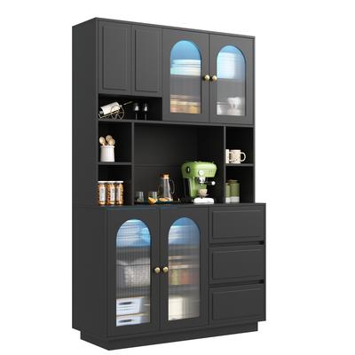 Sideboard, Kitchen Storage with Arched Acrylic Doors, Bar with Open Compartments, App-Controlled Color-Adjustable LED Lighting, Living Room Cabinet