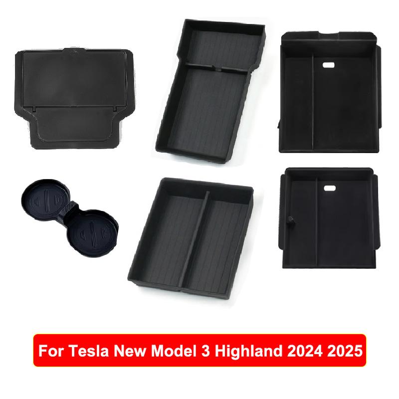 For Tesla Model 3 Y Juniper Highland 2025 2026 Launch Console & Armrest Upper and Lower Storage Box Watercup Holder Camera Cover