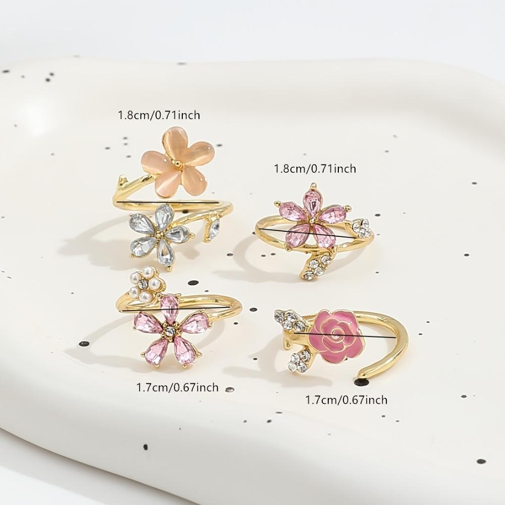 4 pcs Fashion Simple Rhinestone Flower Rings Crystal Alloy Opening Finger Ring Light Luxury Adjustable Finger Jewelry Party