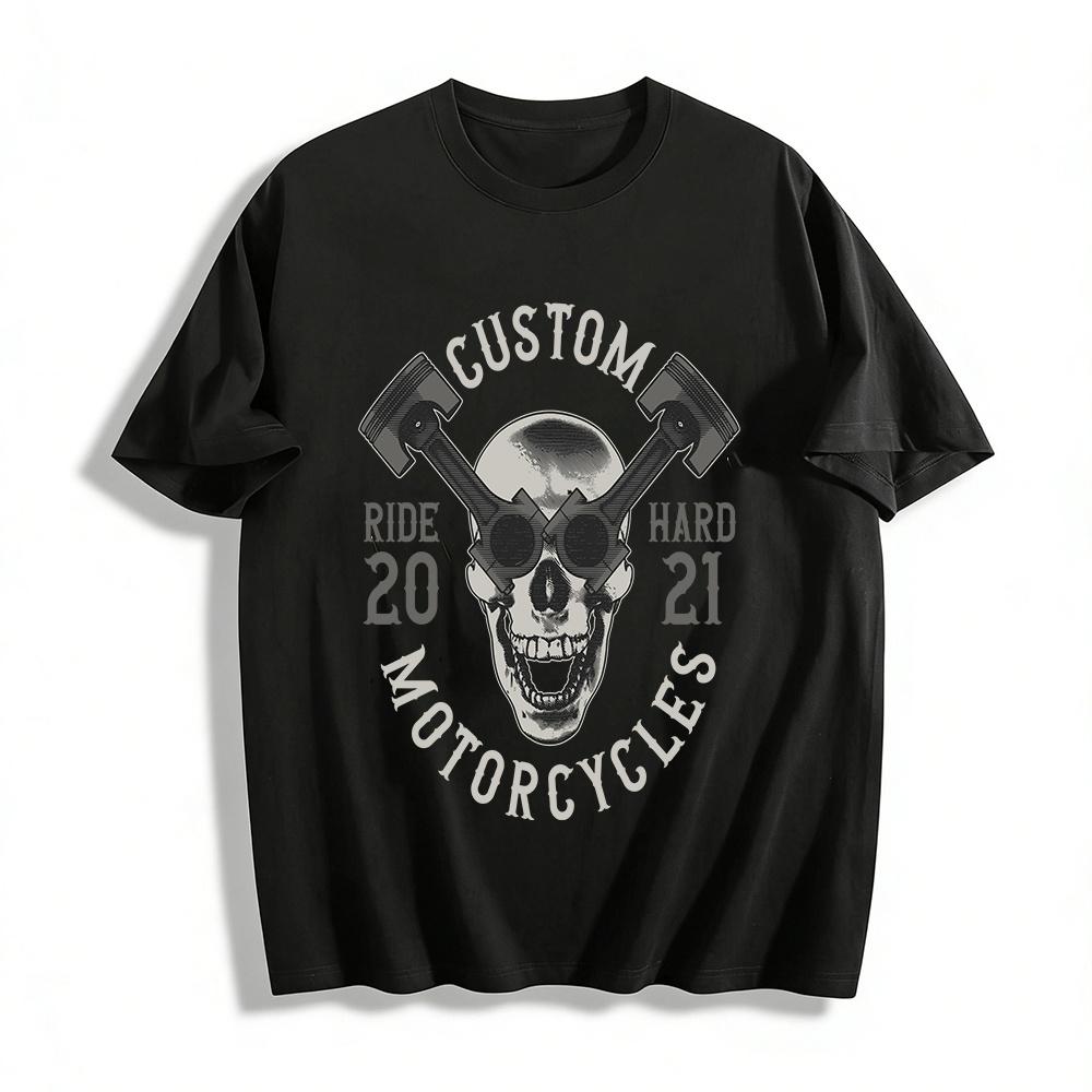2021 Custom Motorcycle Skull Piston Print Ride Hard Casual Tee Pure Cotton T-shirt