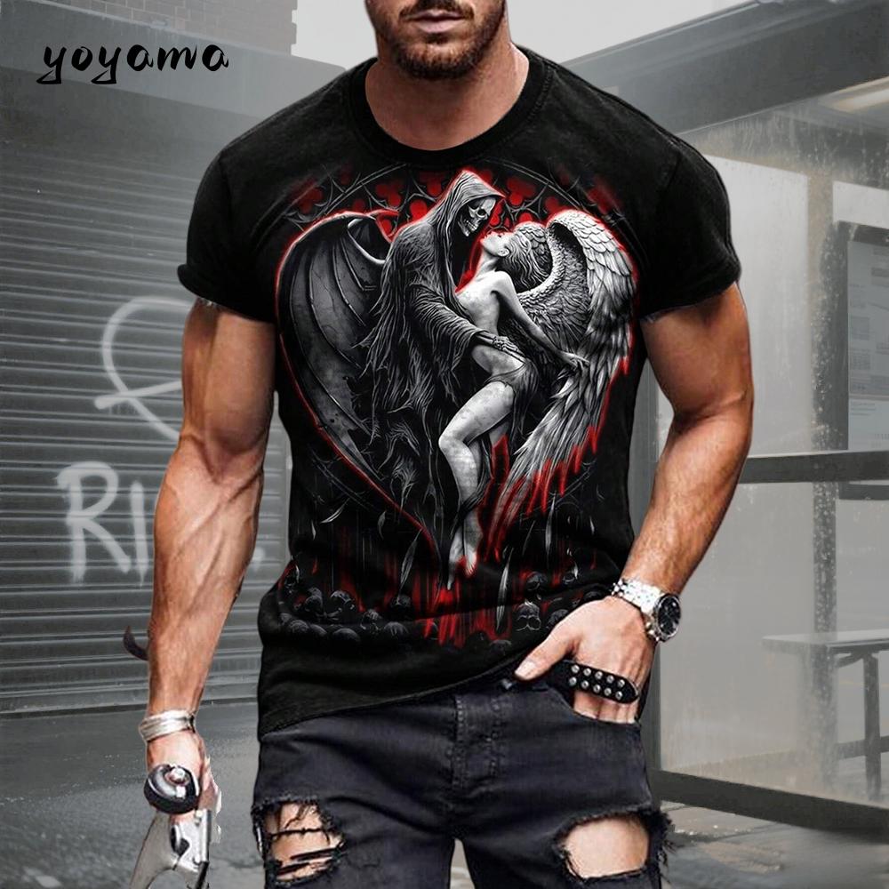 Men's T-shirt with skull pattern 3D print. Summer retro casual sports short-sleeved adult quick-drying and breathable clothing.