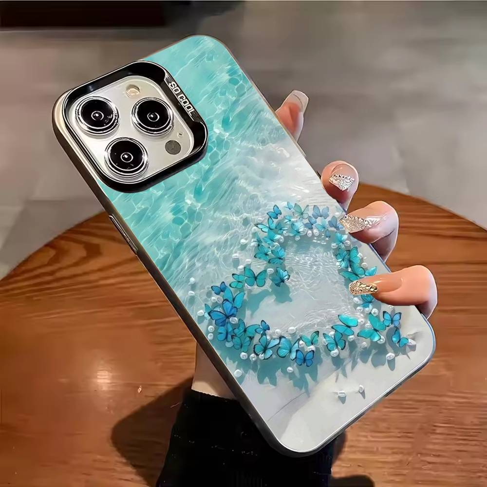 Sea Water Butterfly Ocean Turtle Phone Case For iPhone 17 16 15 14 13 12 11 Pro Max Plus Silver Candy Matte Cover