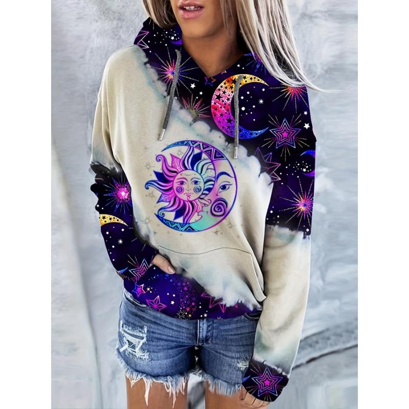Moon & Tree Print Drawstring Hoodie, Casual Long Sleeve Kangaroo Pocket Hoodie, Sweatshirt, Women's Clothing