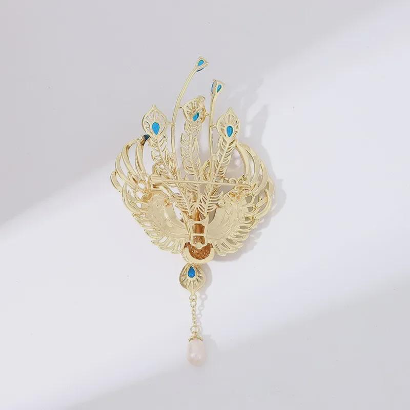 Luxury Enamel Phoenix Brooch with Birds and Pearl Tassel - High-End Suit Accessory for Women