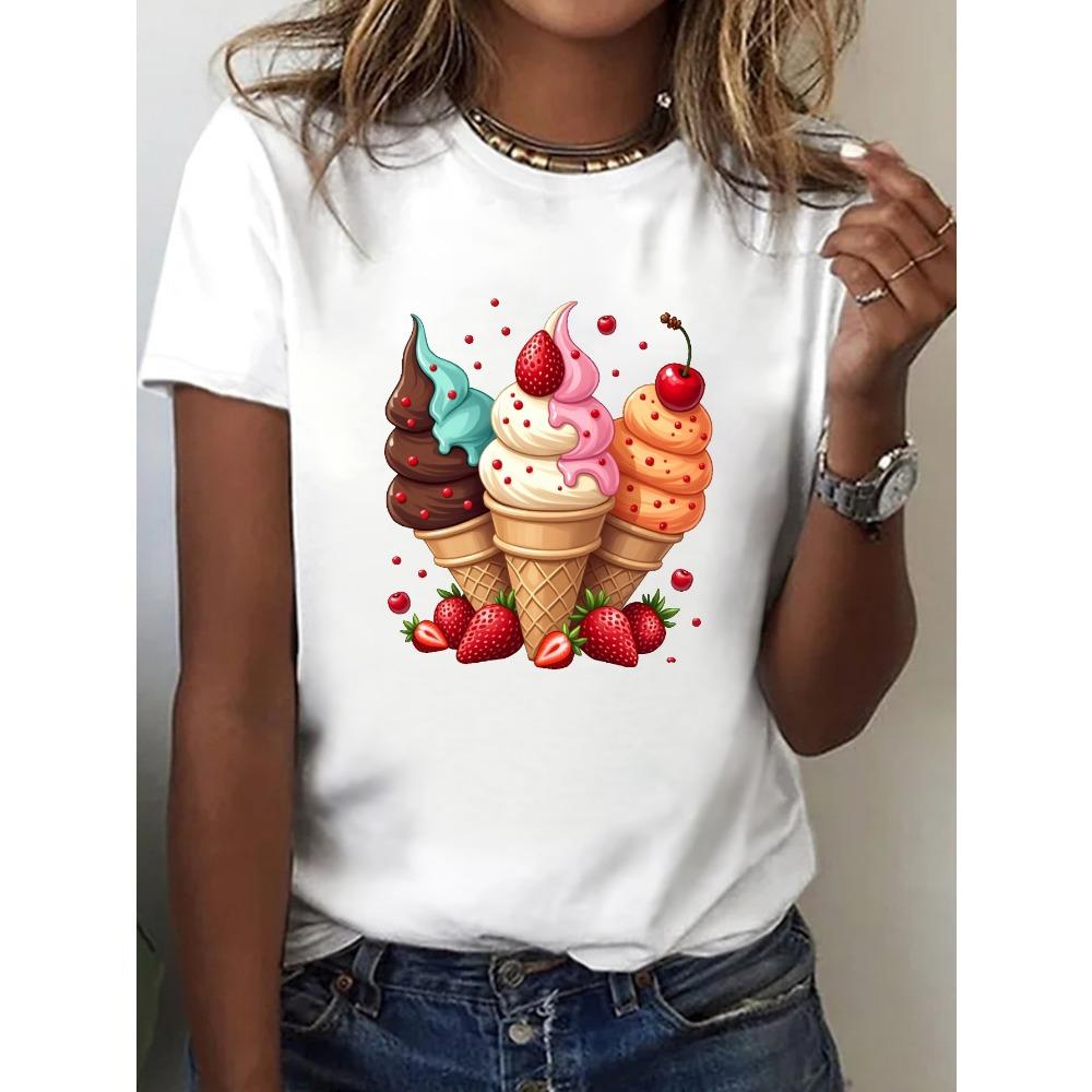 Vibrant Summer and Spring Women's T-shirt, Colorful Ice Cream Cone Strawberry Print T-shirt, Casual Round Neck Short Sleeved Top
