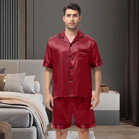 2Pcs/Set Men Pajamas Set Lapel Short Sleeve Single Breasted Tops Elastic Waist Shorts Set Solid Color Satin Sleepwear