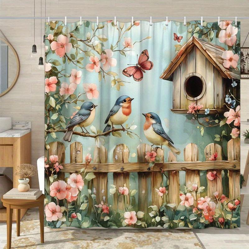 Charmante Tuin met Vogels en Vogelhuisje Douchegordijn - Waterbestendig Stof voor Badkamer - Perfect