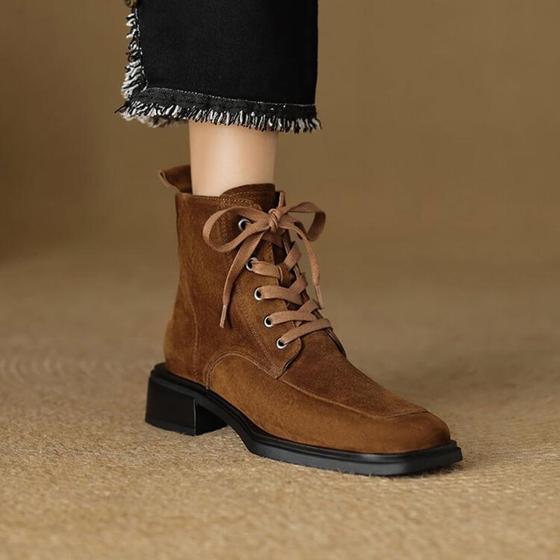 Mode NEU Herbst Damenstiefel Schafveloursleder Schuhe für Damen Eckige Zehenpartie Klobiger Absatz Schuhe Schnürung Reißverschluss Kurze Stiefel Alltagsschuhe