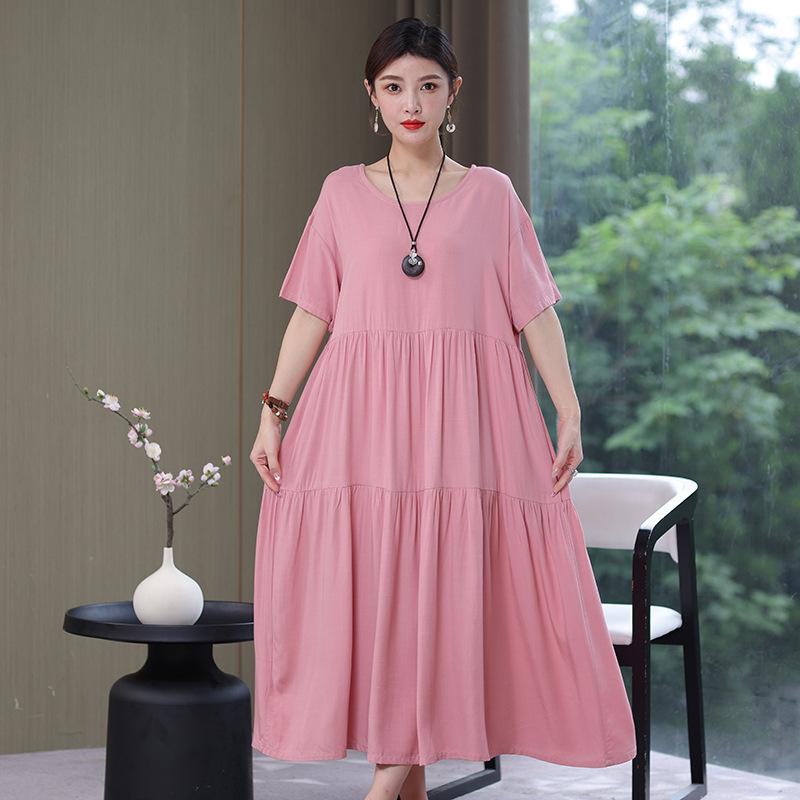 Women's Mid-length Dress,summer Dress for Mothers,cotton Silk Knee-length Dress,middle-aged Women's Dress,plus-size Short-sleeved Beach Dress Women