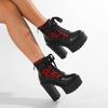 Gdgydh Gothic Lace Patchwork High Heel Stiefeletten für Damen Vintage European Style Reißverschluss Klobige Plateaustiefel Rot