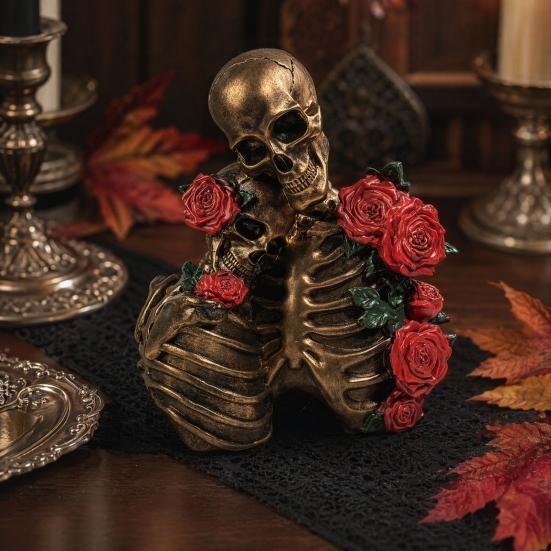 Gothic Hugging Skeleton Skull Couple Vintage Skeleton Couple Figurine Rose Resin Sculpture Decoration