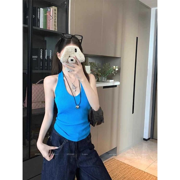 Girly-style Solid-colour Knitted Halter Neck Tank Top for Women A Stylish Retro Summer Top with A Flattering Back Design That Slims The Figure