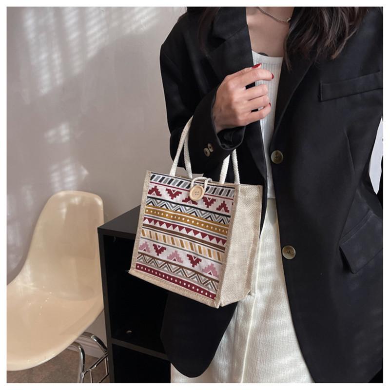 Fashion Woman Burlap Jute Tote Shopping Bag With Botton Vintage Reusable Grocery Wedding Birthday Gift Bag Ladies Handbags