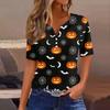Women Casual Halloween Print V Neck Short Sleeve Button T Shirt Top Lightweight Breathable Soft Fabric Relaxed Fit