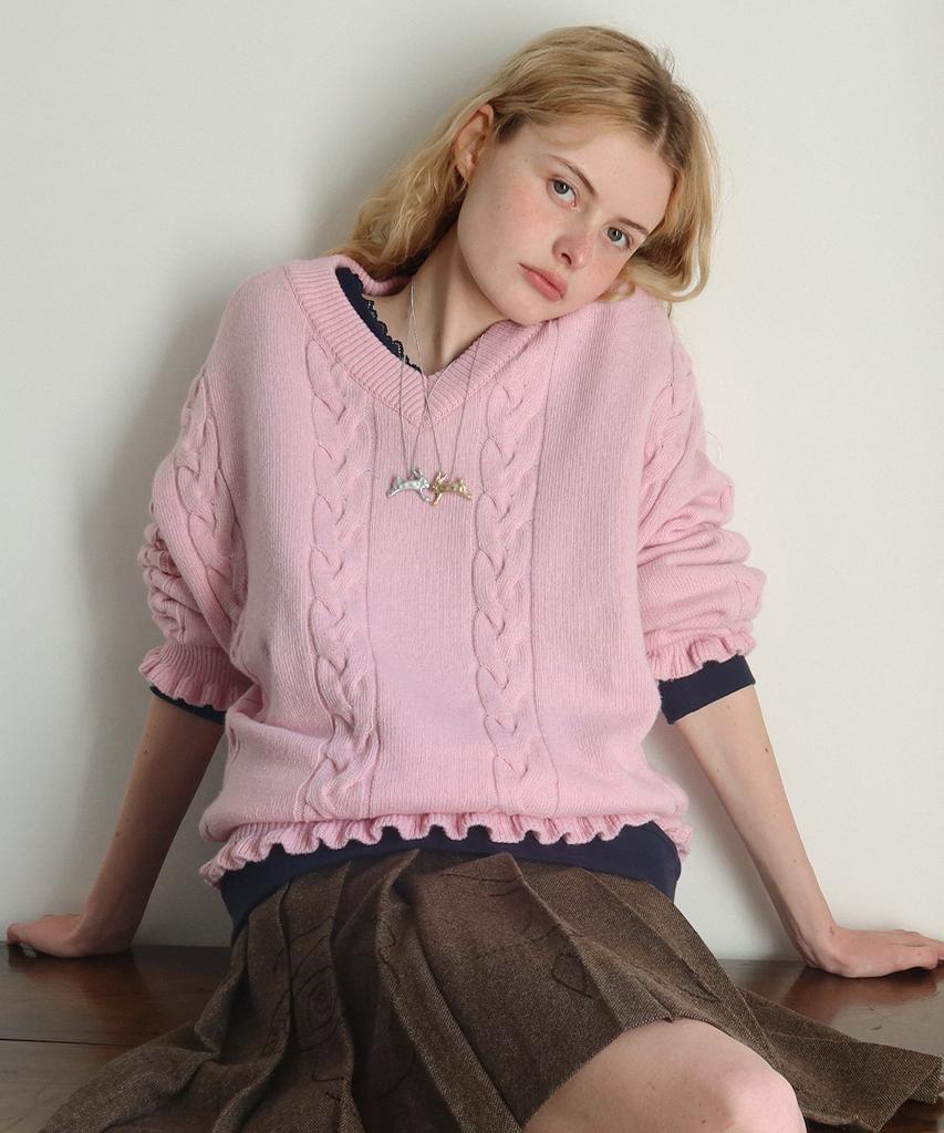 SINOON Sn Cable V-Neck Pullover (Pink)