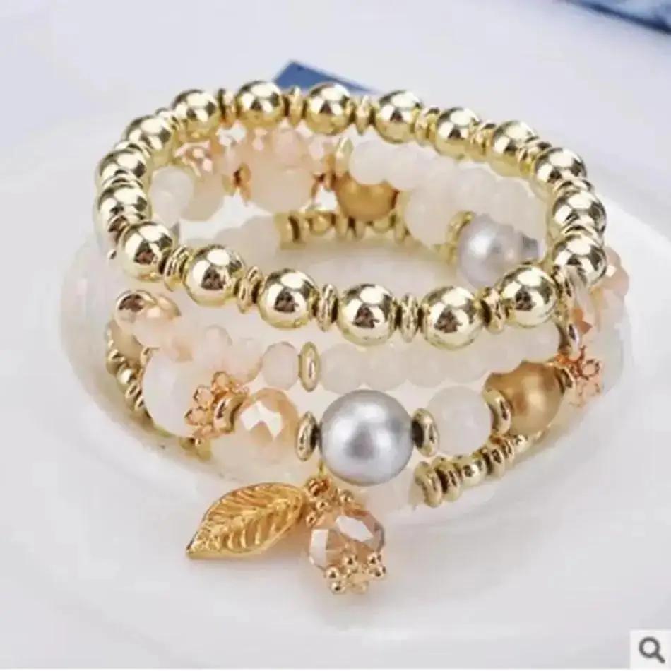 4 Stuks Modieuze En Eenvoudige Kristallen Kralen Hanger Met Takken Bladeren Veelzijdige Meerdere Lagen Kralen Temperament Dames Armband