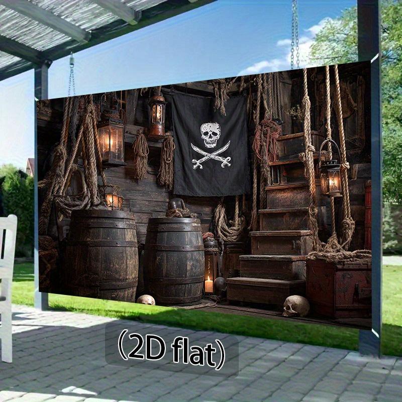 1 piece, pirate ship background cloth with skull and cross bone flags, wooden barrels, and rope details