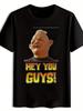 T-shirt "Hey You Guys!" Cartoon Character Graphic - Black Casual Summer Tee with Bold Yellow & Orange Design