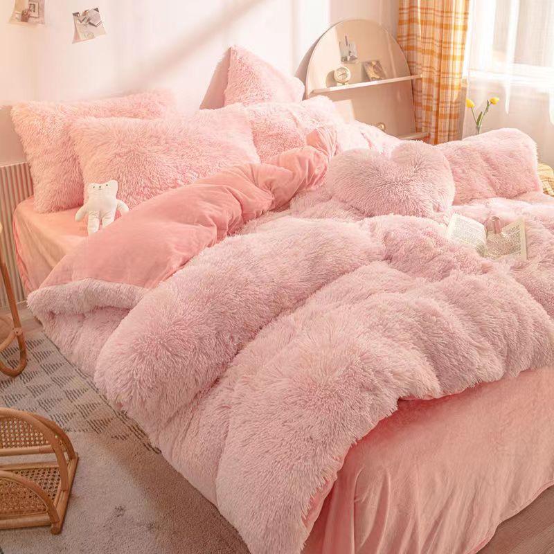 King Size/Queen Size/Twin Size Winter Bed Skirt Quilt Cover Pillowcase Four-piece Set Thickening Warm Bedroom Simple Bedding High-quality Winter