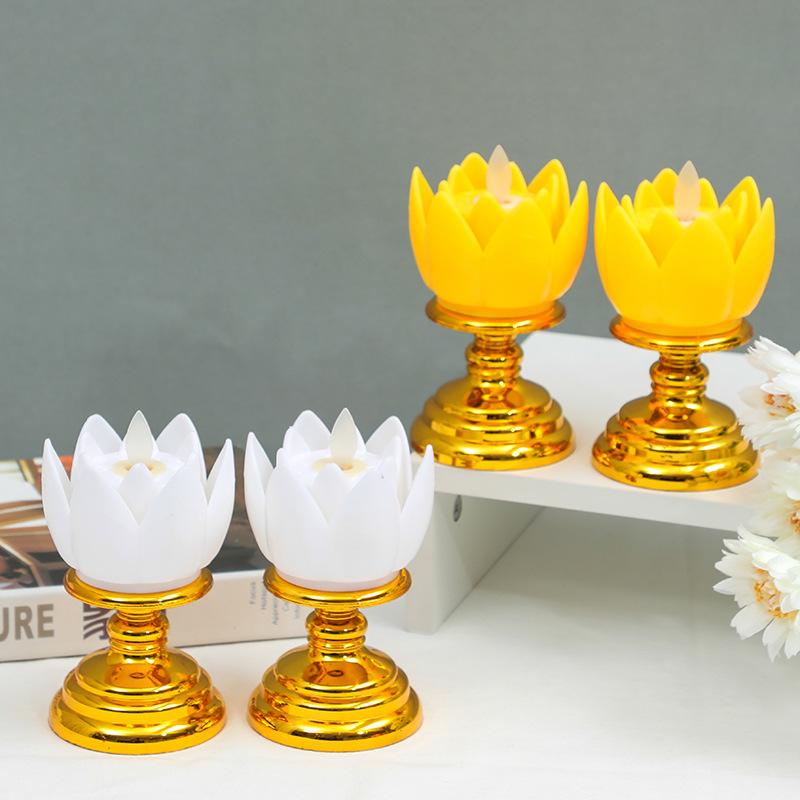 2-Pack Temple Flameless LED Lotus Candle with Base Safe and Smokeless Electronic Candle for Party Buddha-karya Festival