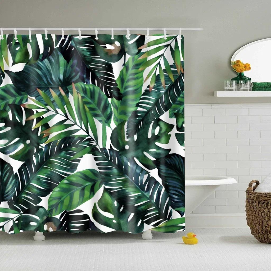 Tropischer Grünes Blatt Palme Kaktus Duschvorhang Landschaft Badezimmervorhang Wasserdichter Polyester Duschvorhang